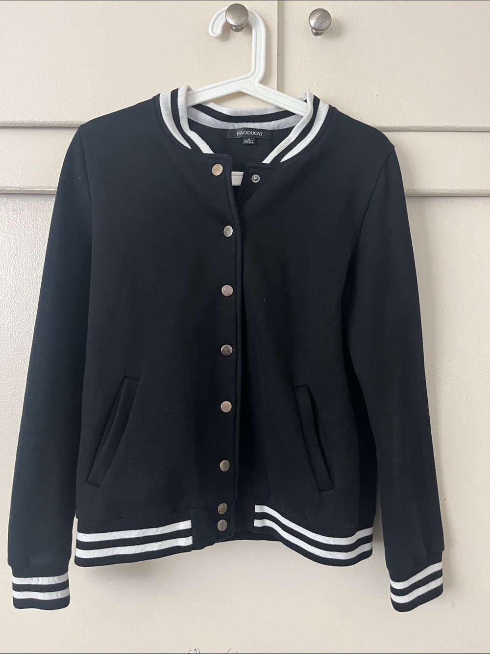 HAODUOYI Black and White Varsity Bomber Jacket